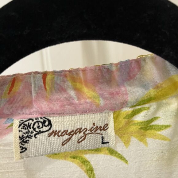 Magazine Floral Sheer Boho Embroidered V Neck Blouse Top Size L Roll Tab Sleeve - Picture 6 of 11